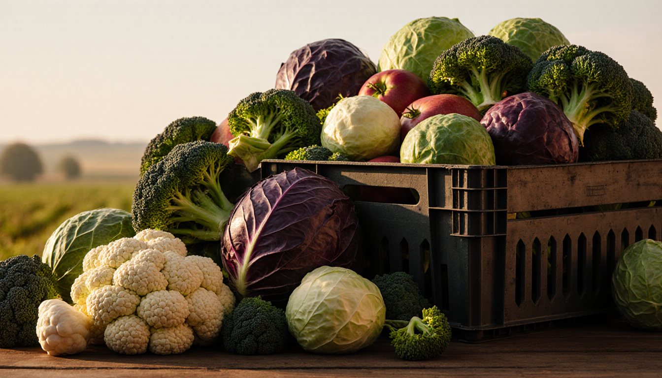 Crate overflowing with fresh cauliflower broccoli and cabbage spills onto wooden table with warm light and faint farm backdro