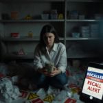 Seated woman holds recalled product with worried look and scattered packaging and warning signs in dim background