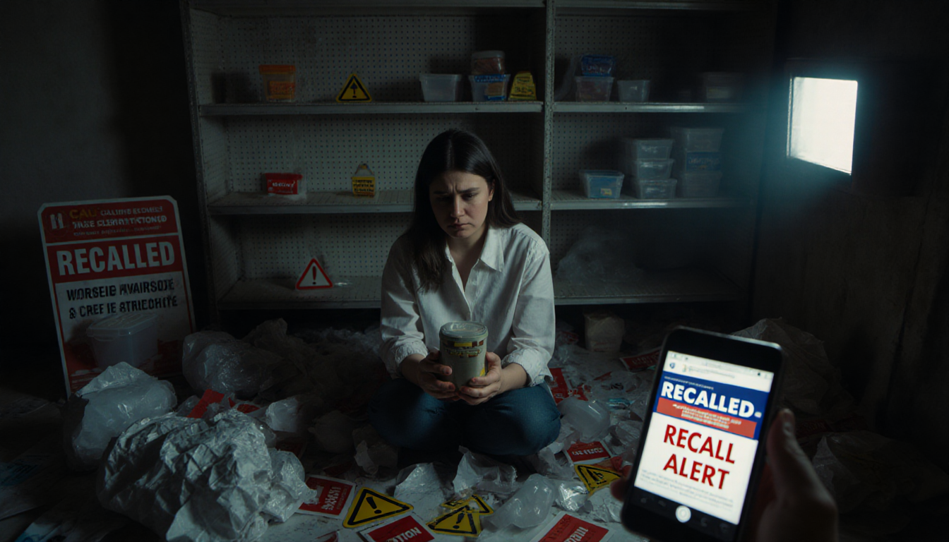 Seated woman holds recalled product with worried look and scattered packaging and warning signs in dim background