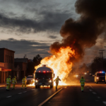 Firefighters in hazmat suits rush to a burning propane tank with flames and emergency vehicles nearby