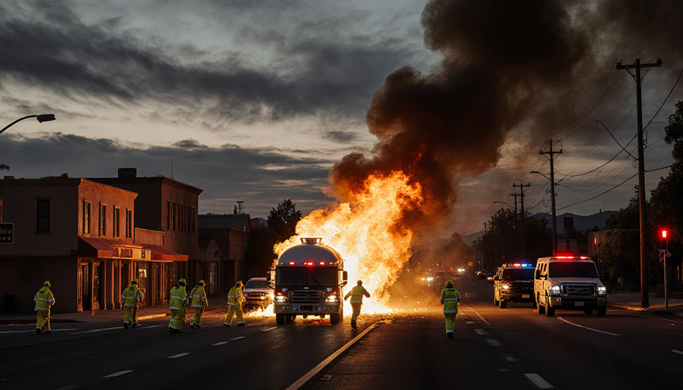 Firefighters in hazmat suits rush to a burning propane tank with flames and emergency vehicles nearby