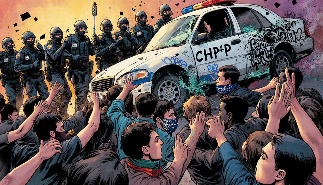 Protesters surging toward CHP officers with masks and a vandalized patrol vehicle in background