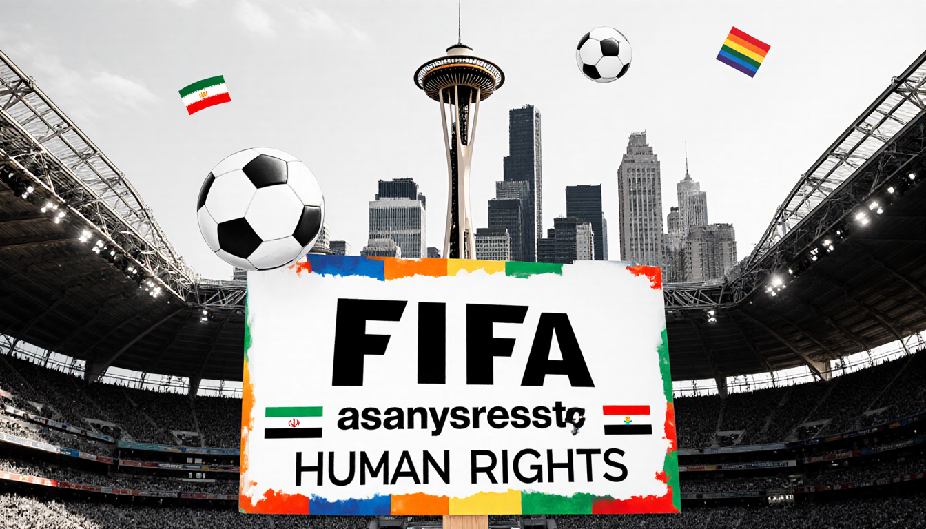 Protest sign displays bold words with Seattle skyline featuring the Space Needle and a rainbow soccer ball