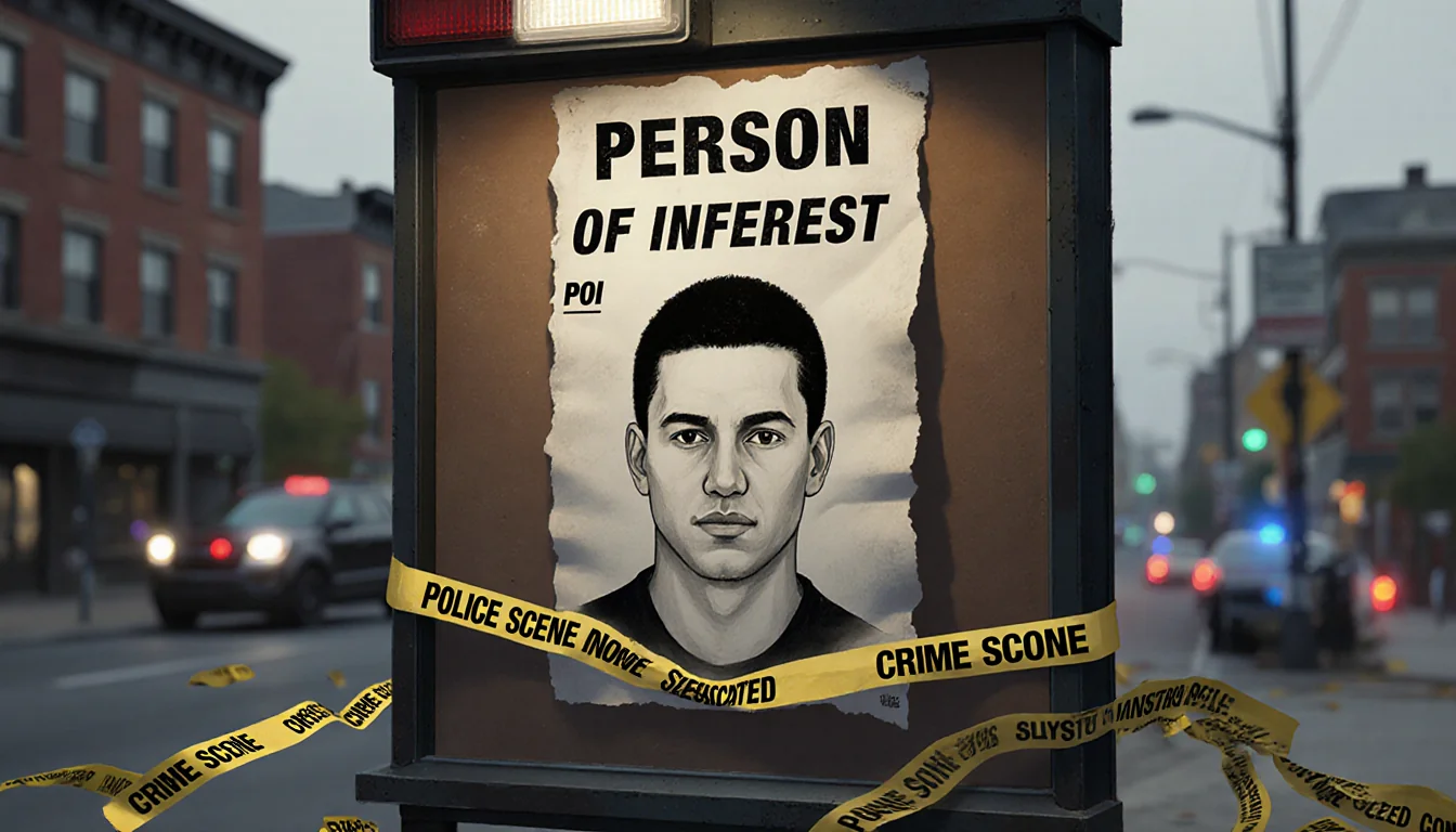Bulletin board showing a composite sketch of suspect with POI label and crime tape in foreground