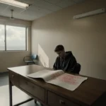 Nick Reiner slumps in a chair in a psychiatric ward with a medical order open on a wooden desk and light casting shadows