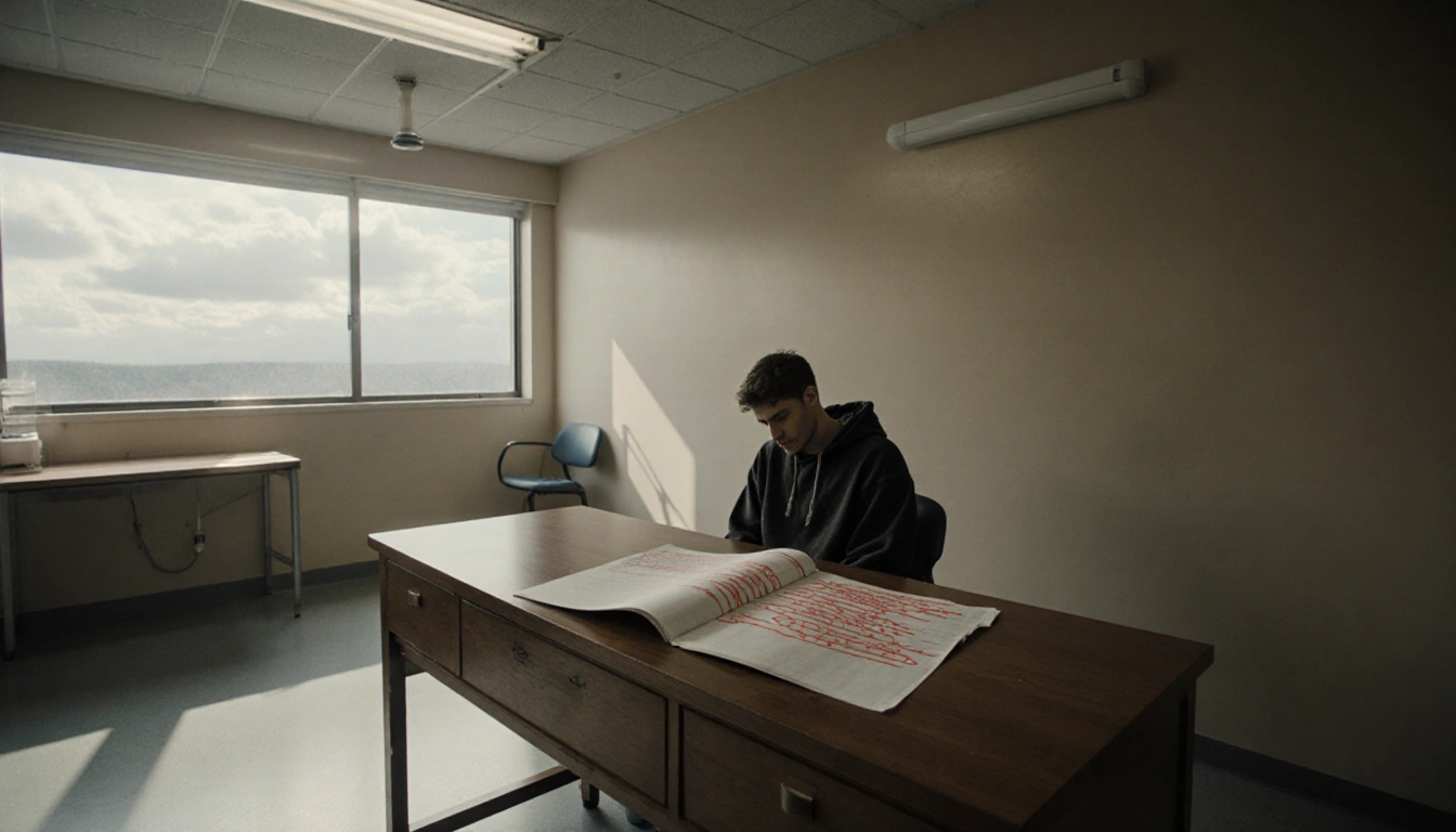 Nick Reiner slumps in a chair in a psychiatric ward with a medical order open on a wooden desk and light casting shadows
