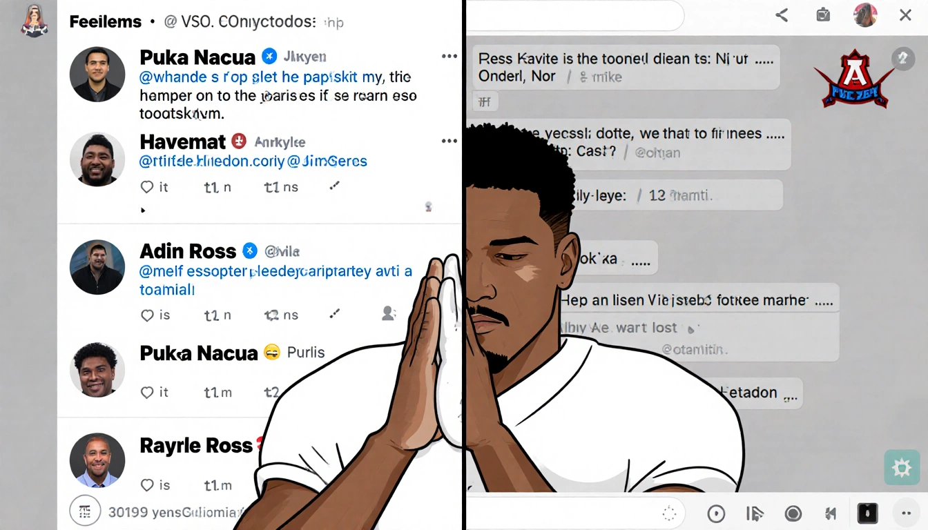 Puka Nacua rubbing hands in split-screen live-stream with chat and N3on's logo showing background antisemitic symbols