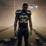 Puka Nacua standing alone on a football field in a Rams jersey with balls and a Seattle Seahawks logo in the background