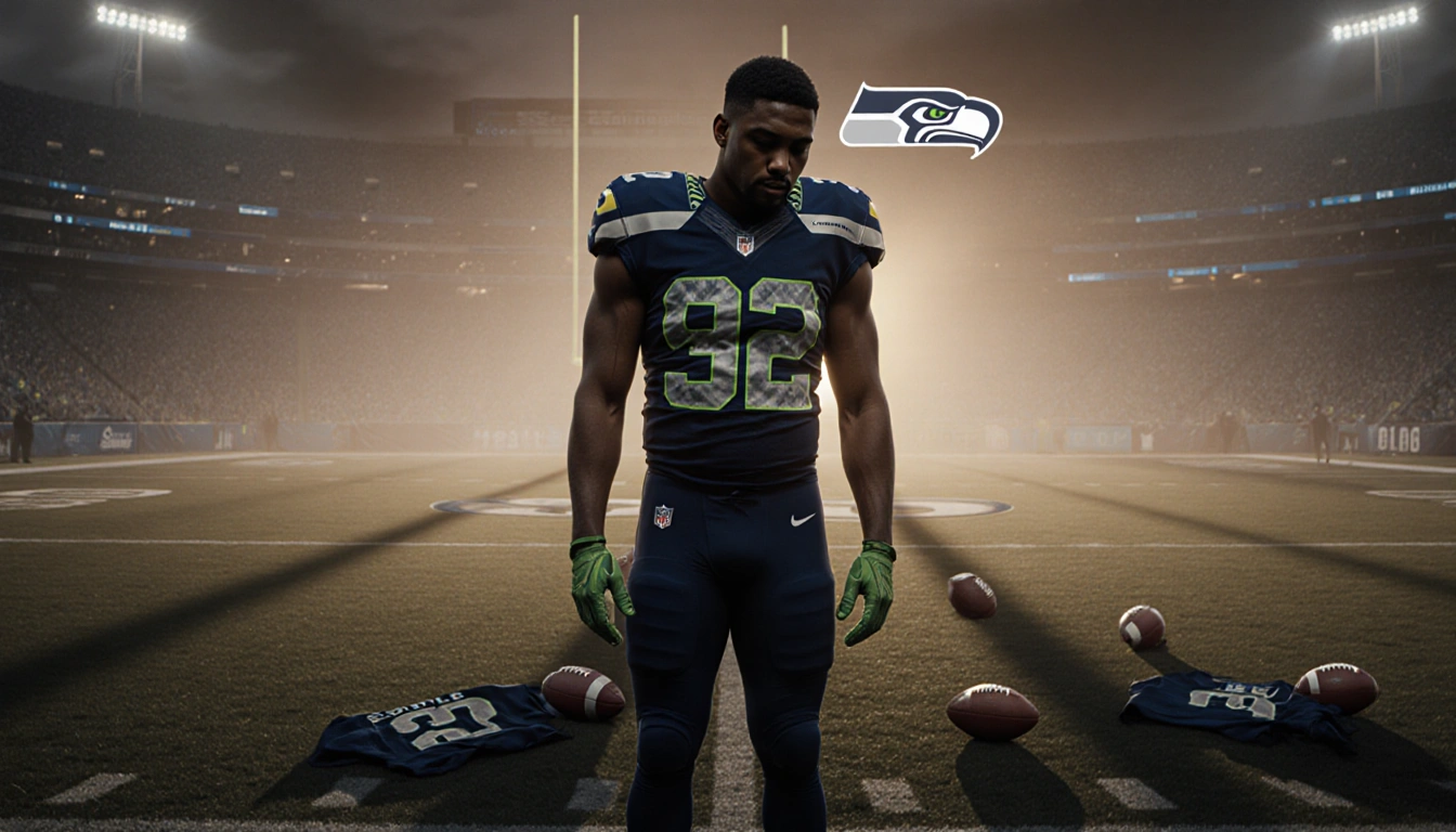 Puka Nacua standing alone on a football field in a Rams jersey with balls and a Seattle Seahawks logo in the background