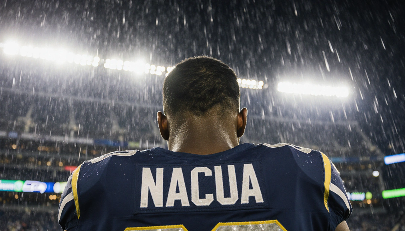 Puka Nacua standing under rain-soaked lights with eyes downcast and Rams jersey visible behind Seattle Seahawks stadium