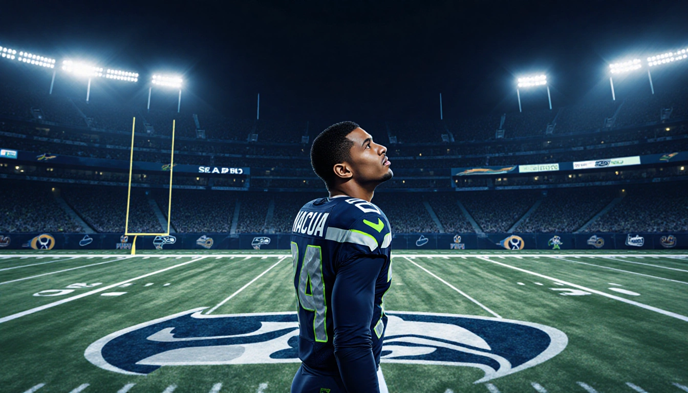 Puka Nacua standing on the field with stadium lights and a Seattle Seahawks logo Rams colors as he looks up at football.