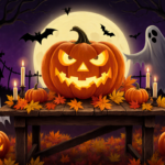 Giant carved pumpkin glows with eyes atop table with autumn leaves and candles at a Halloween party