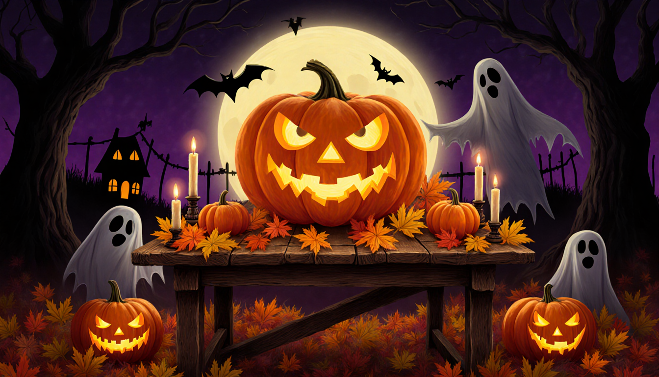 Giant carved pumpkin glows with eyes atop table with autumn leaves and candles at a Halloween party