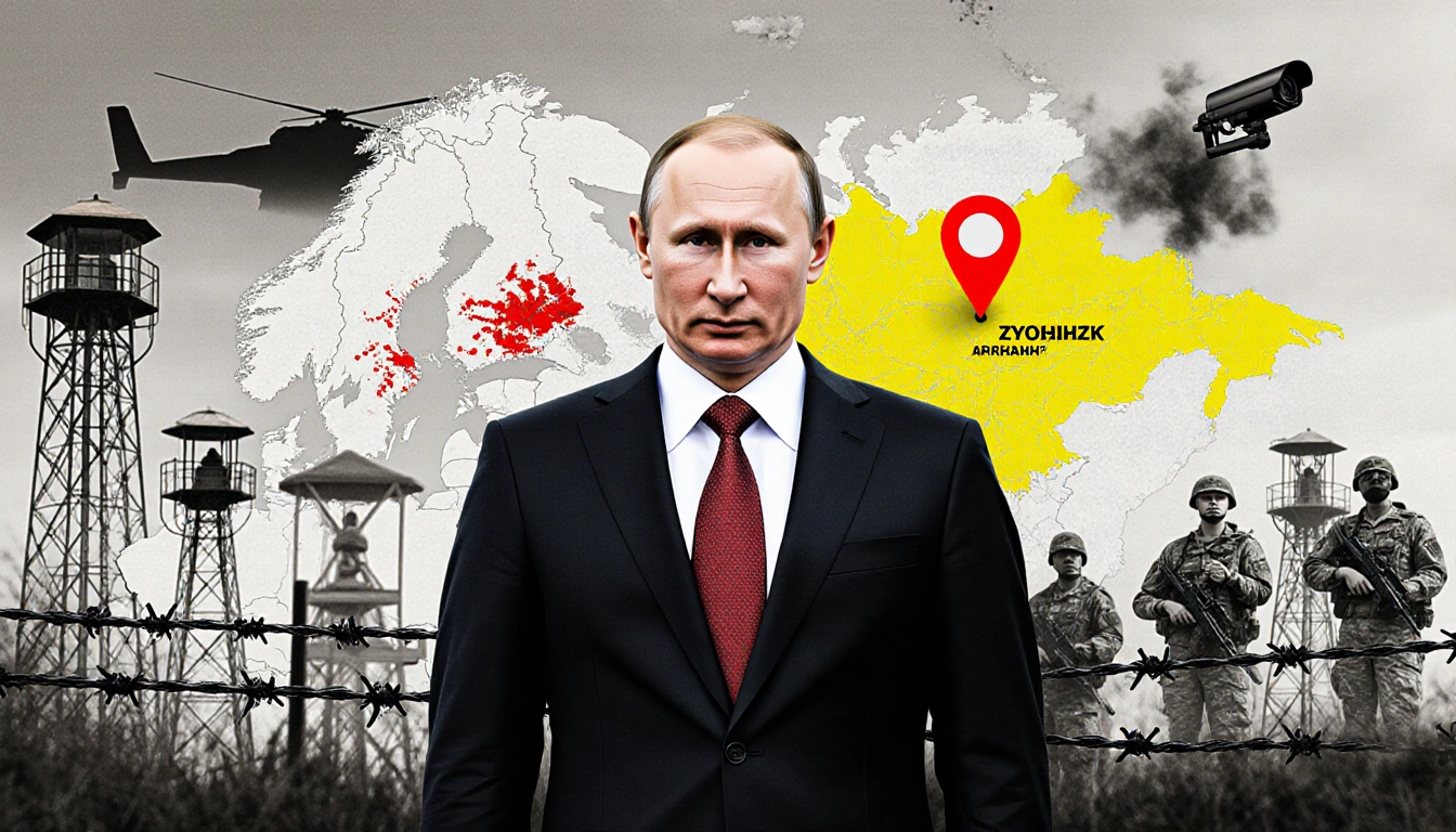 Vladimir Putin standing before a map with red marker for troops and yellow highlighter for Zaporizhzhia surrounded barbed wir