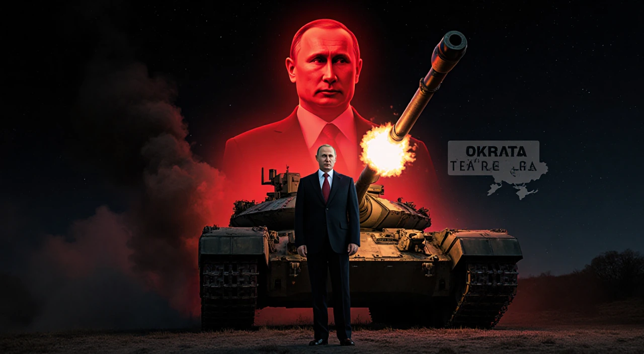Putin standing in front of a tank with cannons pointing toward Ukraine and flames billowing from its barrels during invasion