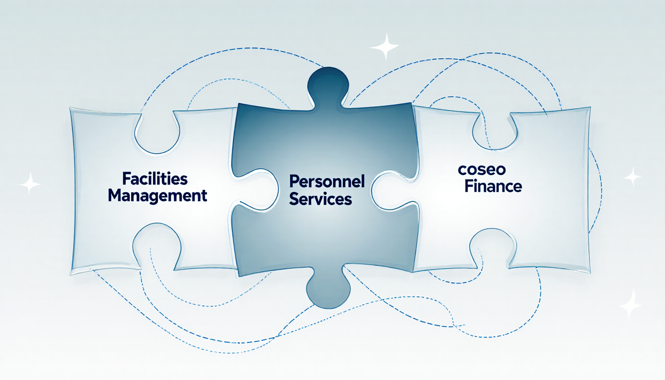 Three interlocking puzzle pieces labeled Facilities Management Personnel Services Finance with gradient background and lines.