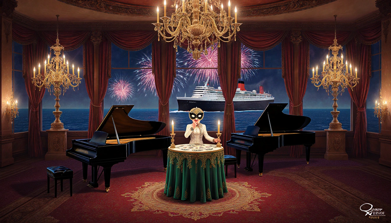 Fortune teller waves hand at center table with chandeliers above and fireworks light up the sky outside the windows