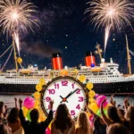 Revelers gather around a glittering countdown clock New Year