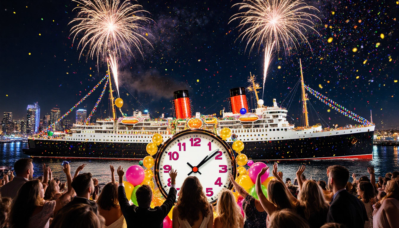 Revelers gather around a glittering countdown clock New Year