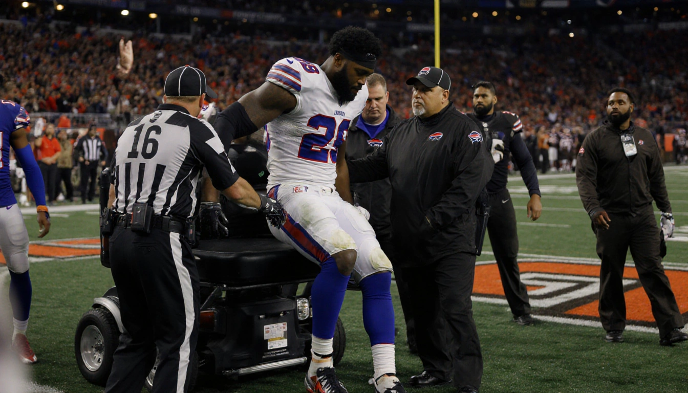 Quinshon Judkins is lifted off the field by medical staff with a splinted leg and teammates watching in a stadium