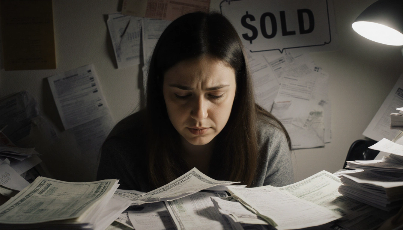 Rachel Pelovitz looks determined amid scattered debt bills and a faint sold sign in a dimly lit workspace.