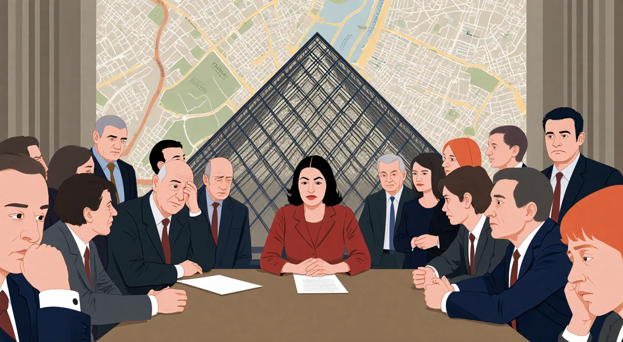 Rachida Dati sits at a crowded meeting table with union reps and officials in tension in front of a Paris city map background