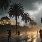 People rushing under umbrellas with palm trees swaying in heavy rain and Los Angeles skyline misty in the background