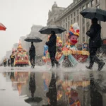 People marching through a rainy parade with colorful floats and puddle reflections on wet pavement