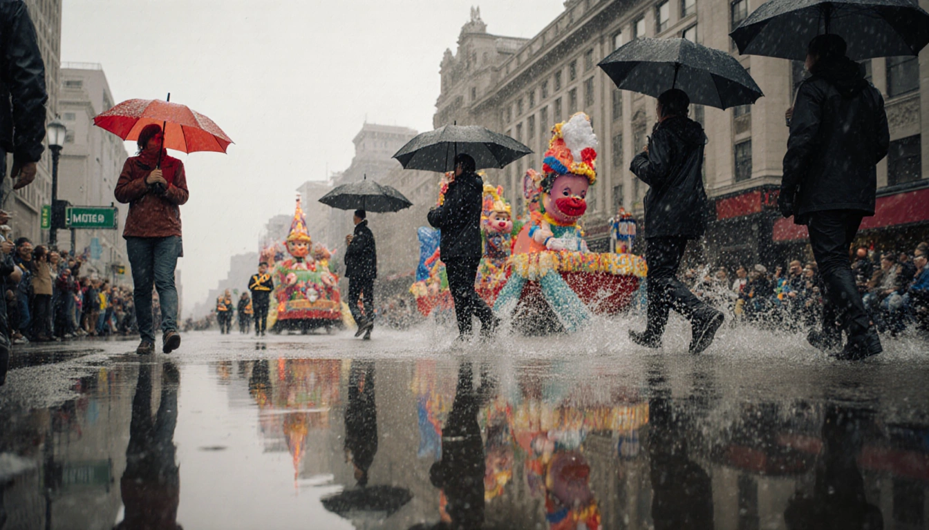 People marching through a rainy parade with colorful floats and puddle reflections on wet pavement