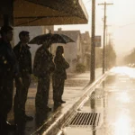 Group of people standing under awning with rain pouring and flooded Southern California street reflecting golden light.