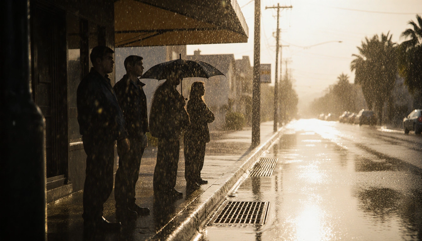 Group of people standing under awning with rain pouring and flooded Southern California street reflecting golden light.