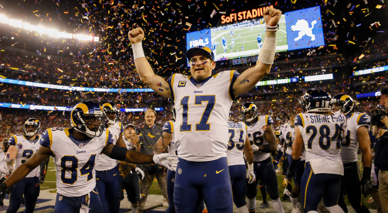Matthew Stafford raises arms in triumph with teammates and confetti around him on SoFi Stadium.