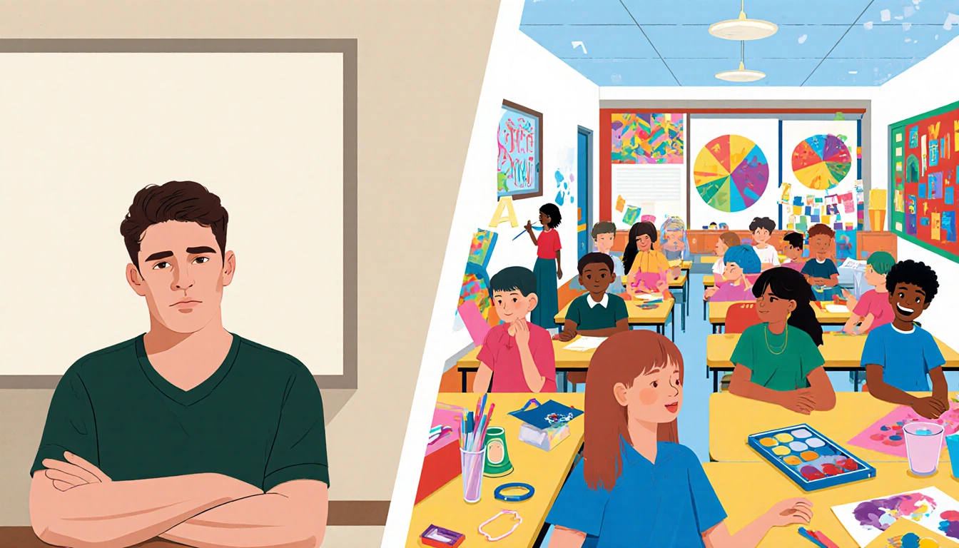 Young man sits alone in a classroom with walls and empty desks while the other side shows a transformative arts education sch