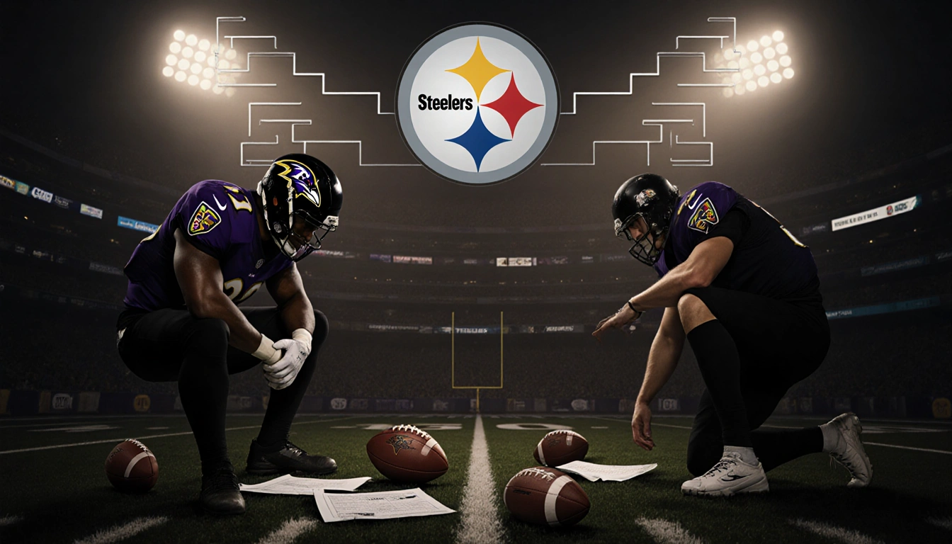 Ravens players in chaotic huddle with Lamar Jackson on sidelines clutching back and Steelers logo fogged in background.