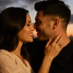 Reality TV couple sits entwined on couch with wedding ring glowing and blurred sunset cityscape behind them.