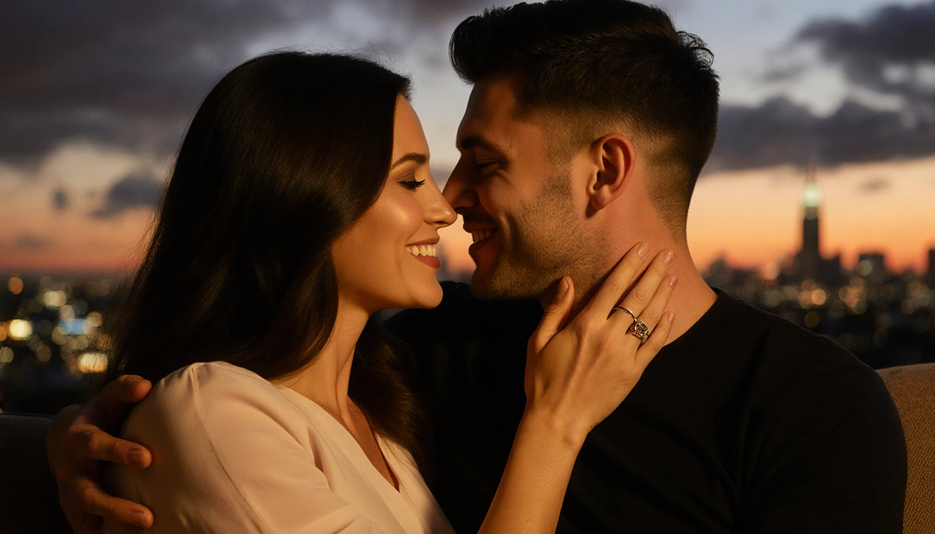 Reality TV couple sits entwined on couch with wedding ring glowing and blurred sunset cityscape behind them.