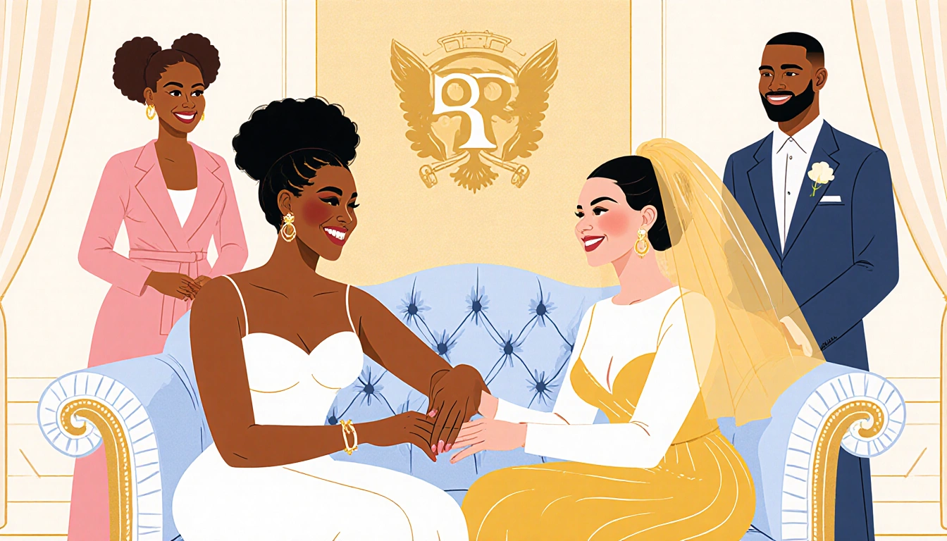 Bozoma Saint John and Keely Watson exchanging wedding rings on a plush couch with pastel and gold tones and a subtle TV logo