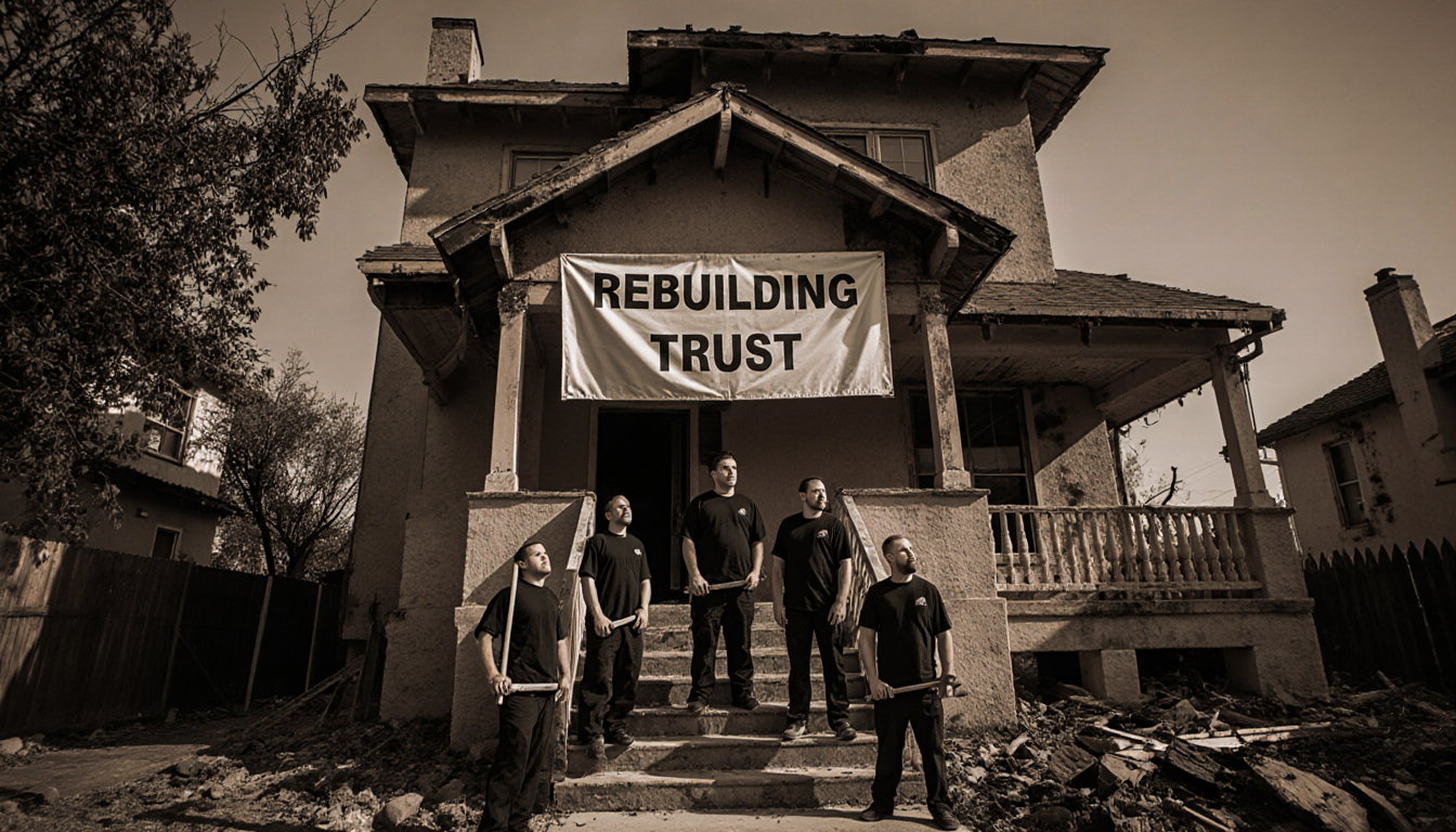 Five men in black tools look up at partially rebuilt Altadena house with banner saying REBUILDING TRUST near Eaton debris.