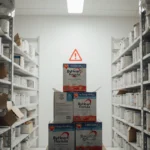 Recalled ByHeart box sits atop unopened infant formula boxes with harsh lighting and a red warning symbol on the wall.
