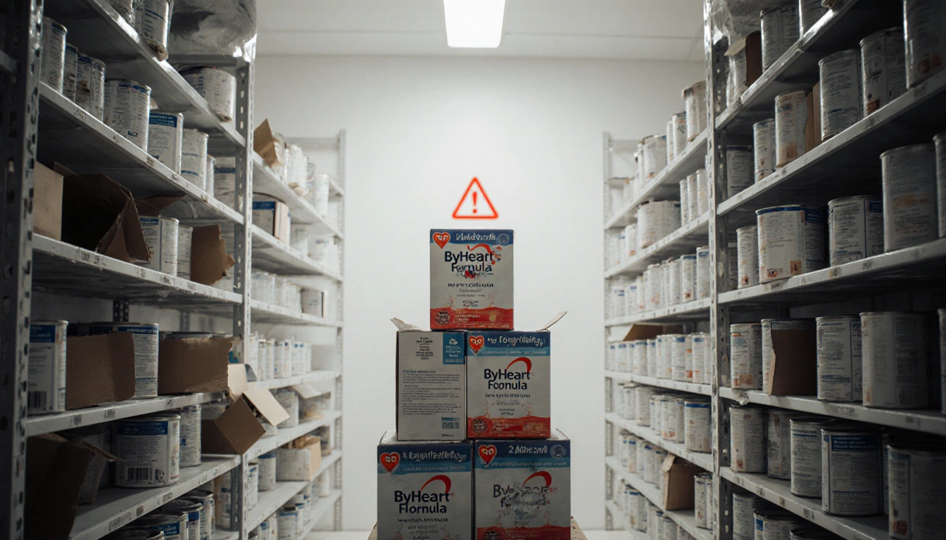Recalled ByHeart box sits atop unopened infant formula boxes with harsh lighting and a red warning symbol on the wall.