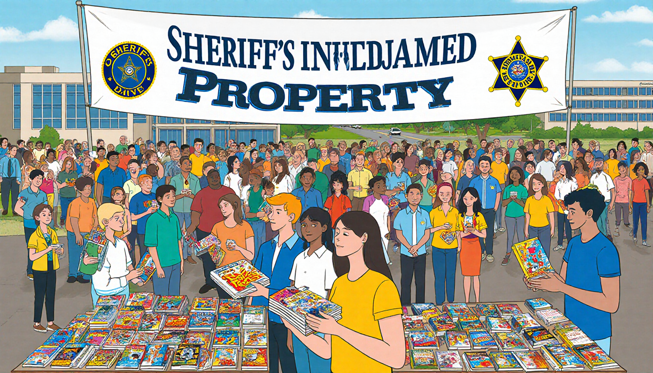 Crowd gathers at public viewing with Reclaimed Property banner visitors holding comic books amid vibrant colors