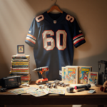 Vintage sports jersey hangs with comic books and power tools on wooden tables.