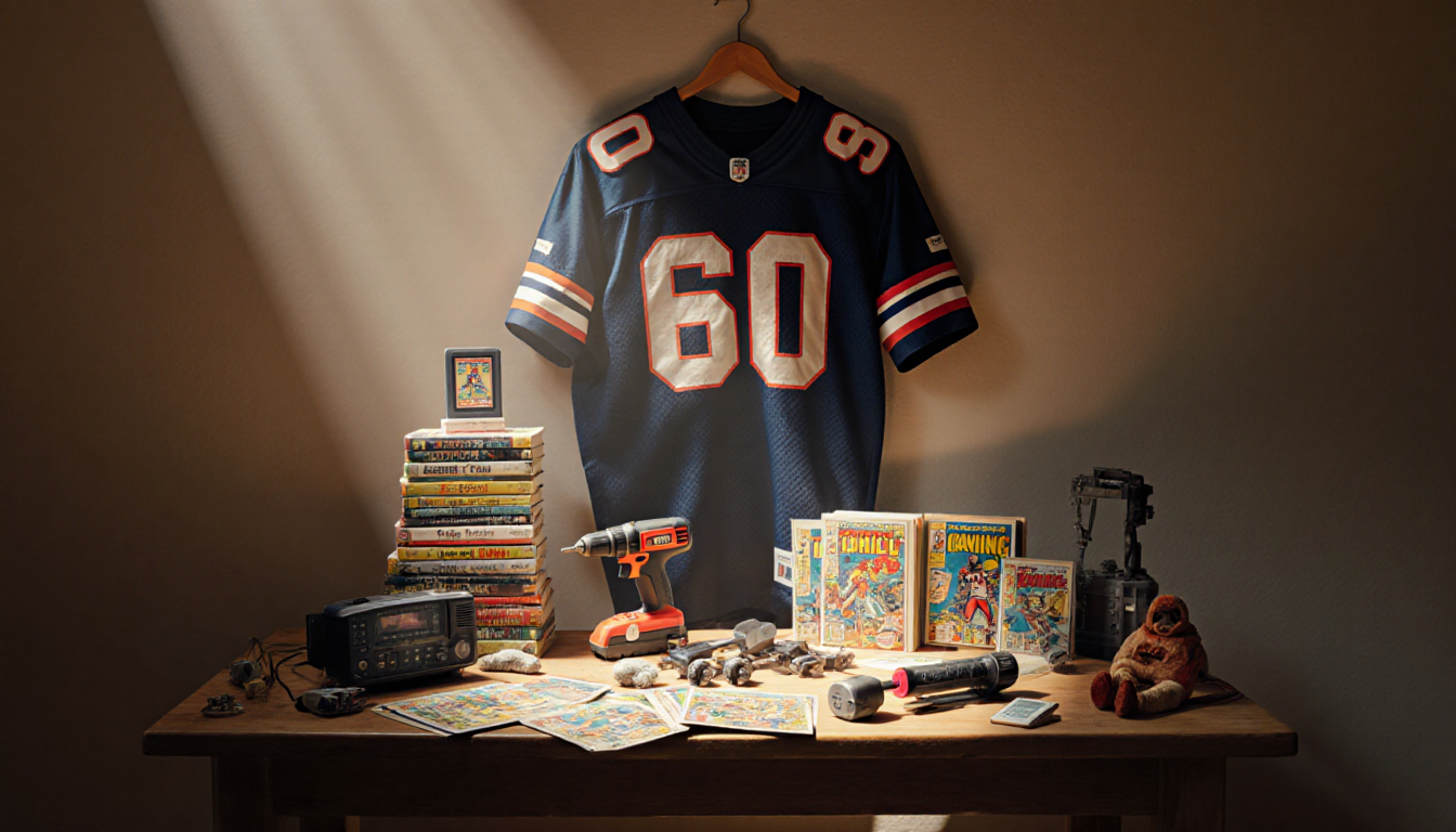 Vintage sports jersey hangs with comic books and power tools on wooden tables.