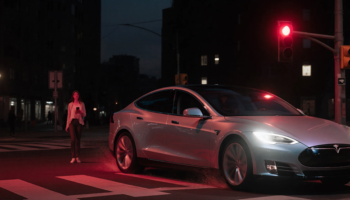 Silver car speeding past red traffic light with TikTok livestream on driver