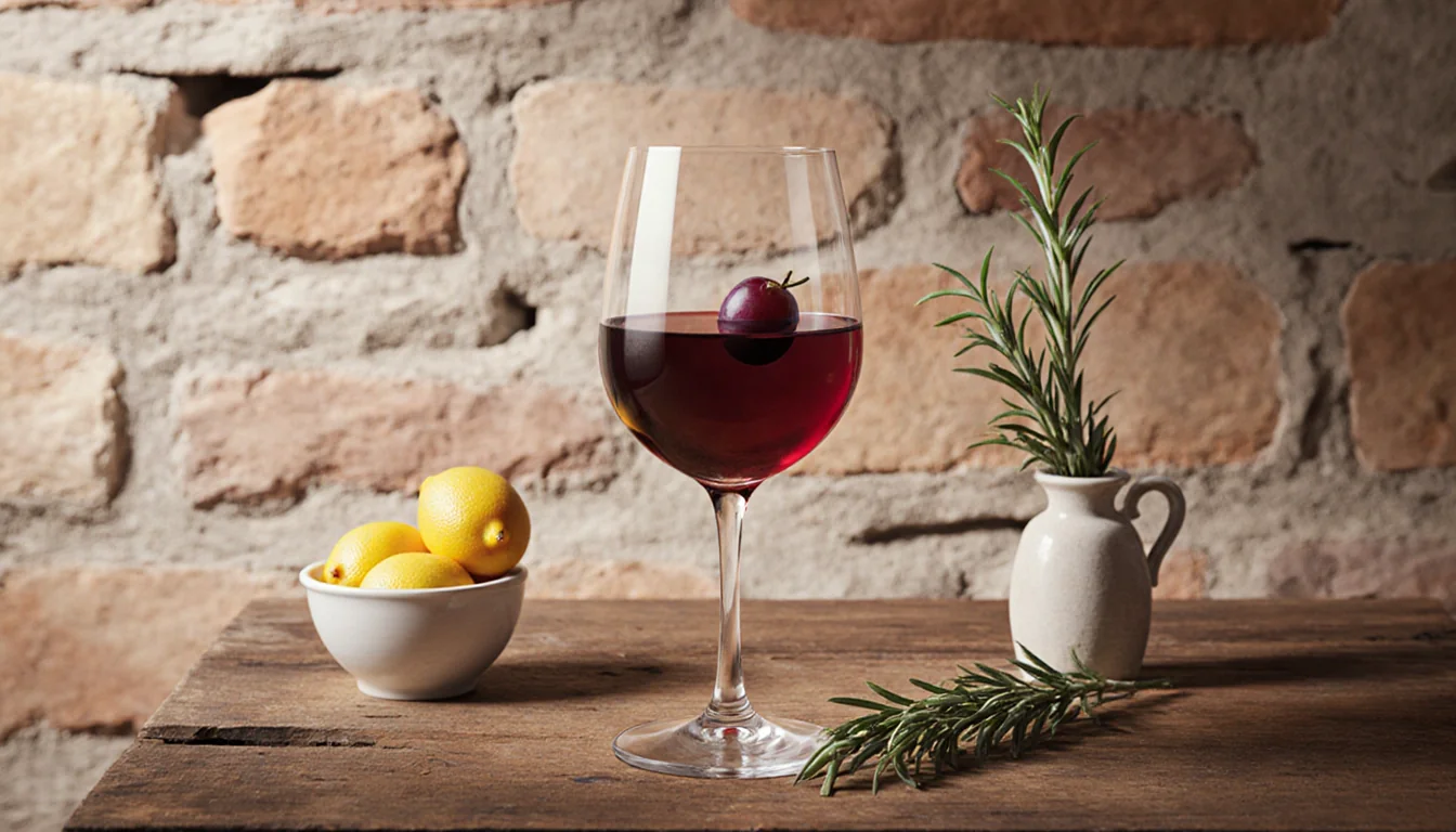 Glass of red wine filled two thirds with a floating grape and Mediterranean rosemary sprig on rustic wooden table