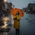 Woman gazing upward with yellow raincoat and bright orange umbrella under streetlights on a flooded Redding street