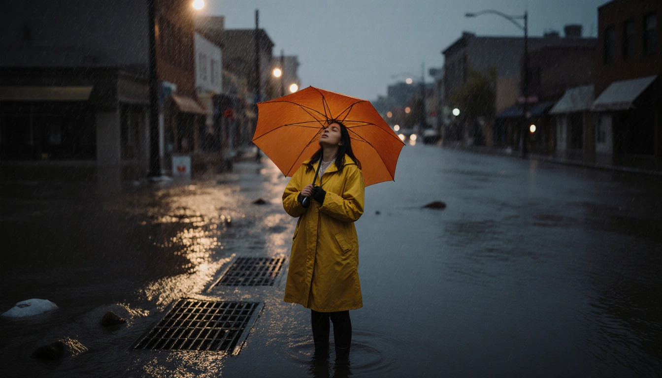 Woman gazing upward with yellow raincoat and bright orange umbrella under streetlights on a flooded Redding street