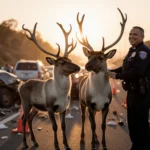 Reindeer Cookie and Noel triumphantly standing with antlers high beside a police officer near a sunrise‑lit blocked freeway