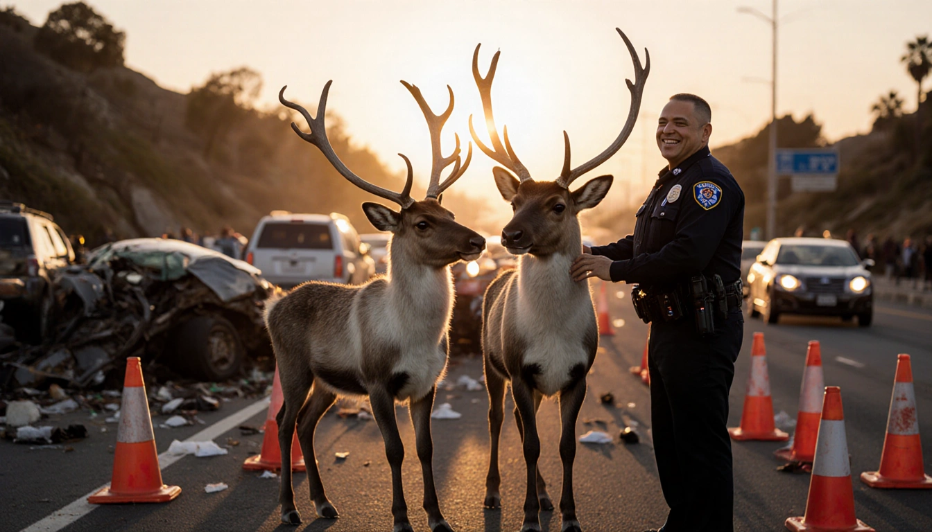 Reindeer Cookie and Noel triumphantly standing with antlers high beside a police officer near a sunrise‑lit blocked freeway