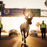 Reindeer runs down freeway at dawn with sunlight casting long shadows and CHP officers looking shocked nearby.
